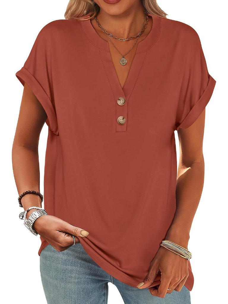 Women's Caramel Brown V Neck Short Sleeve Henley Comfortable Trendy Summer Tops